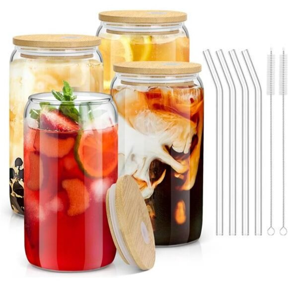 Set of 4 Glass Cups with Bamboo Lids Straws Iced Coffee Tea Cocktail Beer - Picture 1 of 8